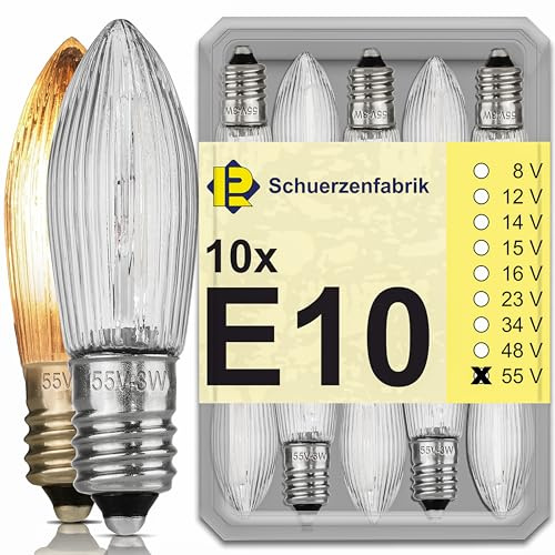Schuerzenfabrik 10x Ampoules de rechange E10 55V 3W pour guirlande lumineuse, guirlandes de Noël, arche lumineuse,chandelier de Noël