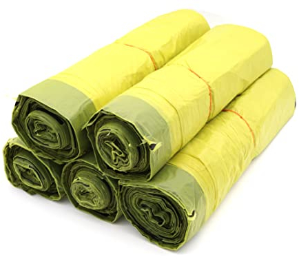 5 rotoli di sacchetti per la spazzatura gialli, con pratico cordino, 90 l, 15 µ, sacchetto per il riciclaggio
