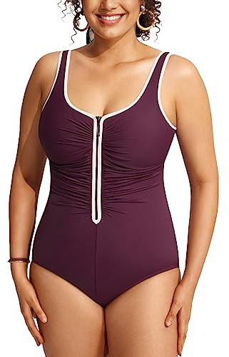 DELIMIRA Baddräkter För Kvinnor Med Inbyggd Kopp Plus Size Baddräkter I Ett Stycke Med Dragkedja Framtill Mörkröd 44