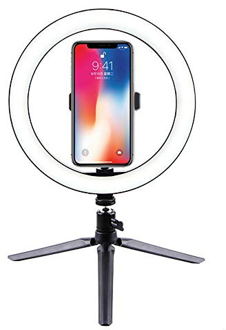PHOTOLUX LED Ring Light with Desktop Tripod, 10 inch Dimmable Ring Light, 3 Colour Modes and 10 Brightness Levels, USB Powered, Phone Holder for Live Streaming, Make Up, Camera, Selfie