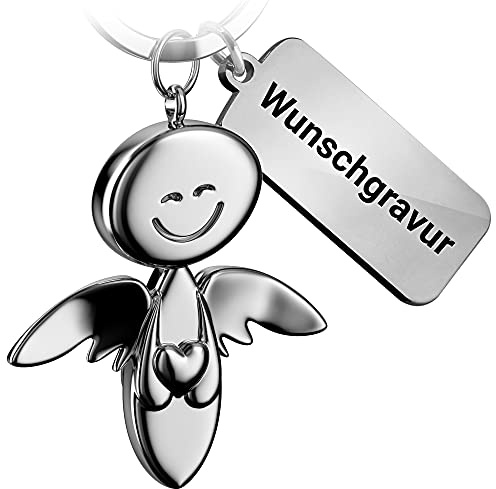 FABACH Schutzengel Schlüsselanhänger Smile mit Herz und persönlicher Wunschgravur - Edler Engel Anhänger aus Metall - Geschenk Glücksbringer eigene Gravur - Wunschtext individuell graviert