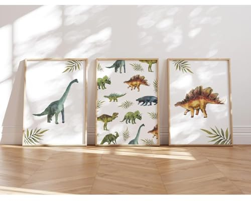 MeinBaby123® Dino Poster Kinderzimmer | Dinosaurier 3er Set DIN A4 | Bilder Kinderzimmer Jungen | Dino Deko