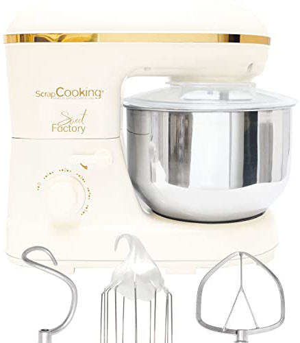 ScrapCooking - Robot Pâtissier Sweet Factory - Batteur Électrique Multifonctions 3-en-1 : Fouet, Crochet, Feuille - Bol Inox de 5L - Pour Pâtisseries, Pains, Gâteaux, Crèmes - Crème mat & Doré - 3890