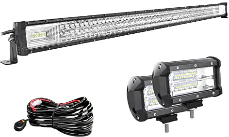 Willpower Barra LED 4x4 52 675W 6000K + Focos LED Tractor 5 12V 24V | Barra Luz LED 132CM + 2X Focos de Trabajo LED 13CM + Cableado, Largo Alcance, Blanco 6000K, para Coche Camion Barco Quad