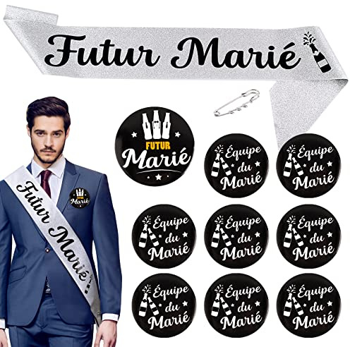 COLOFALLA Set 1 Pz Fascia Futuro Sposo Scritte Francesi Future Marié 9 Pz Spilla Amico dello Sposo Spilla Équipe du Marié Divertenti Decorazioni Matrimonio Addio al Celibato Gadget