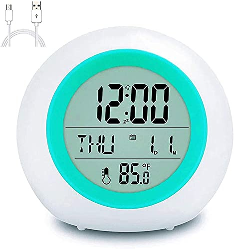 WTL Réveil Réveil des enfants avec batterie rechargeable, lumière de nuit à 7 couleurs, snooze, détection de température pour les tout-petits, enfants garçons et filles, les étudiants se réveillent pa