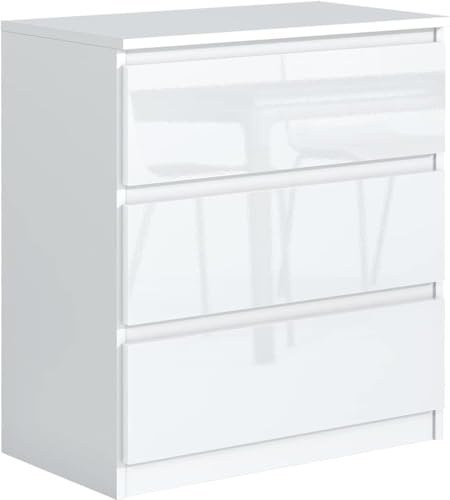 meble masztalerz Kommode 70, 3 Schublade, Weiß Hochglanz Frontem | Kommodenschrank 70x78, 5x39 cm, Moderne Schubladenschrank, Sideboard für Wohnzimmer, Flur & Schlafzimmer