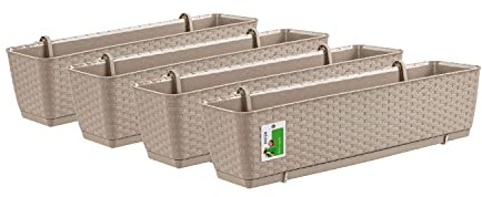 PAFEN 4X Blumenkasten Blumentopf 10L mit Halterungen - 585 x 145 x 155 mm - Rattan-Optik Pflanztopf Balkonkasten Pflanzkästen Befestigungshaken, Mocca