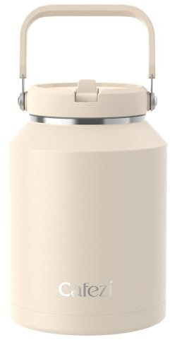 Cafezi 64oz Insulated Water Bottle, Stainless Steel Water Bottles with Flip Straw and Top Handle, Leak Proof, Iced for 34 Hours, 64 oz Tumbler