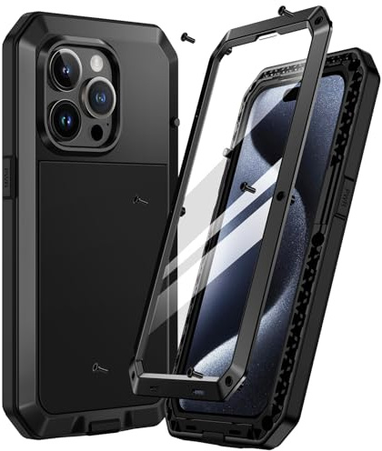 Focusor iPhone 15 Pro Metall-Hülle, 360° Outdoor Stoßfest Heavy Duty Komplett Panzerhülle, Staubdichte Armor Case Mit Displayschutz, Schwarz