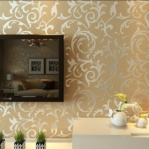 KYMMPL Klassische 3D Relief Vliestapete Grau Gold Damaskus Schlafzimmer Wohnzimmer Hintergrund Wand nicht selbstklebende Tapete (0,53 x 10 m, Gold)