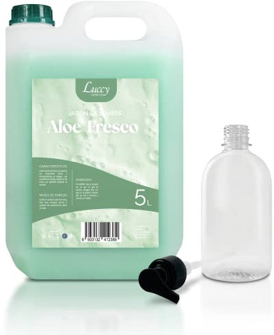 LUCCY Jabón de Manos Líquido Aloe Fresco 5 Litros + Bote Rellenable 500 ml | PH Neutro Hidrata y Protege tu Piel | Uso Profesional Dermatológicamente Testado