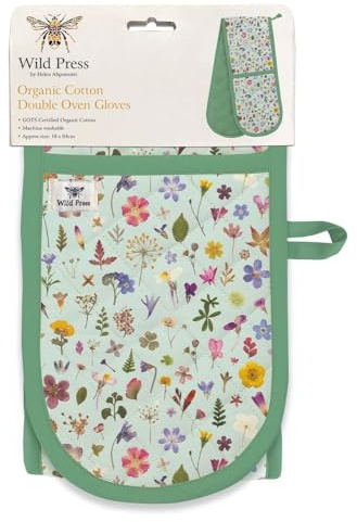Double Oven Gloves - Organic Cotton - Floral Design - Pressed Flowers Mint Meadow - Stylish Kitchenware