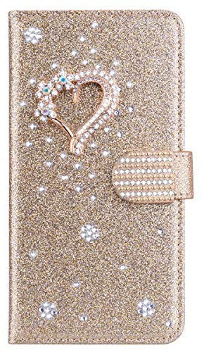Hülle für Samsung Galaxy A06 Glitzer Bling Handyhülle,PU Leder Brieftasche Glitzer Schutzhülle Glänzende Bling 3D Schnalle & Liebe Etui Schale Kartenfächer Magnet HandyCase für Samsung A06 ,Gold