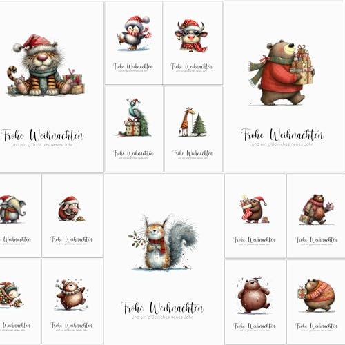 Weihnachtskarten mit Umschlag Set 30 Skurrile weihnachtliche Tiere - Klappkarten Weihnachtsgrußkarten