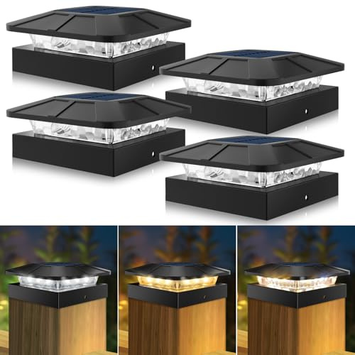 Peasur Solar Post Lights with 3 Modes, Dimmable Solar Powered Post Cap Lamp, Waterproof Fence Lighting for 4x4 inch Posts Garden Patio Yard (4 Pack)