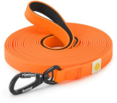 lionto wetterfeste Schleppleine mit 360° Sicherheitskarabiner, 15 m, mit Tasche & gepolsterter Handschlaufe, robuste Hundeleine aus Nylongewebe mit PVC Beschichtung für die Hundeerziehung, orange