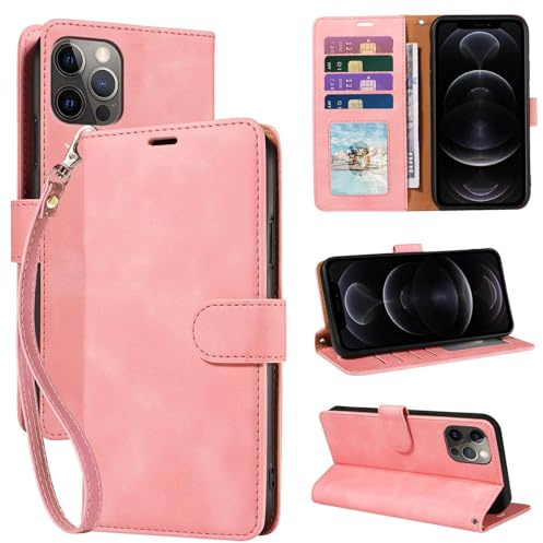 GOTOURED for iPhone 12/12 Pro Case Wallet with 4 Card Slots & Strap (Pink) | PU leather flip cover, RFID blocking, magnetic closure, shockproof protection, folio design, kickstand, phone case