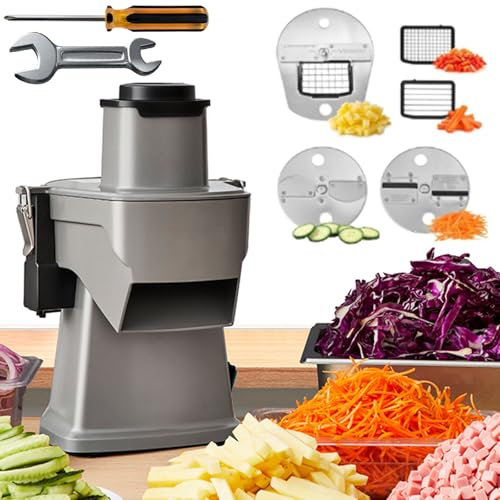 RSPPPJQ Picadora de Verduras eléctrica 4 en 1 con rebanador y Cortador de Grosor Ajustable for rallar cebollas, Cortar Papas Fritas y procesar Verduras. Fácil de Limpiar. Cuchilla reemplazable.