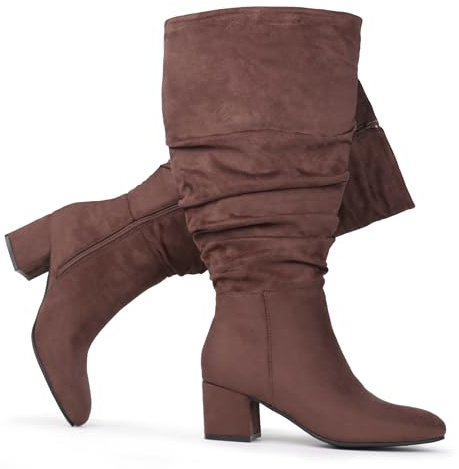 Chicblooms Bottes habillées extra larges pour femmes, bottes souples en daim à talon carré, Daim marron, EU42
