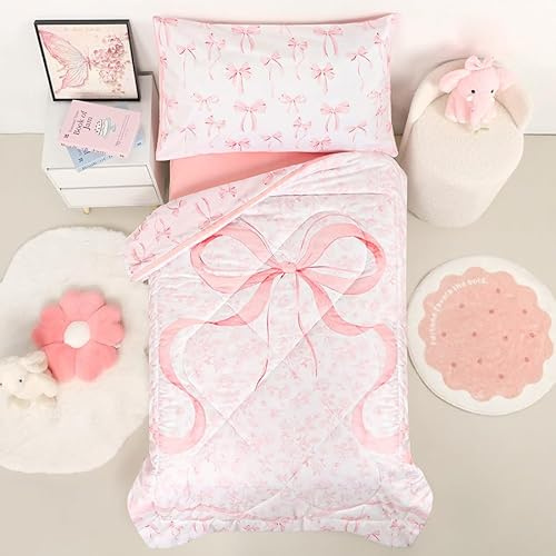 DAYEEBALL 4 Piece Toddler Bedding Set, Ultra Soft and Breathable Toddler Comforter Sets for GirlsIncludes Quilted Comforter, Fitted Sheet, Flat Sheet and Pillowcase, Pink Bow