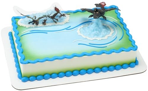 DecoSet How To Train Your Dragon Cake Topper, Cake Decoration With Toothless & Hiccup Figurine and Background Cake Pic For Birthday Cakes & Celebration Bakes