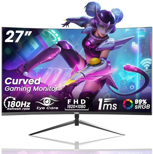 DJiEX 27 Inch Curved Monitor FHD 1920 x 1080p 180Hz 1800R Screen 99% sRGB Support DP HDMI Home Office Game Monitor Sync Visual Experience, Support Wall Mounted Installation