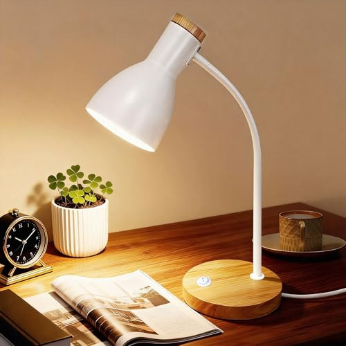 Schreibtischlampe Holz Weiß – Verstellbare Tischlampe mit flexiblem Arm & stabilem Holzfuß – Ideal als Nachttischlampe, Leselampe oder Deko-Licht für Schlafzimmer, Wohnzimmer & Büro (White, 1 Pack)