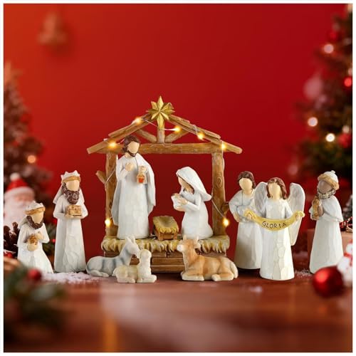 12 PCS Nativity Scene with Lights - White Hand Painted Nativity Sets Resin Figure, First Christmas Story Decoration Holy Family Manger Little People Nativity Set for Indoor Mantle Shelf Tabletop
