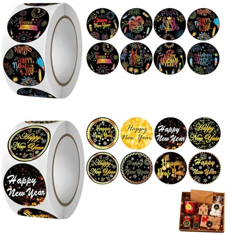 etichette adesive Capodanno 1000 pezzi 2 rotoli stickers rotondi 2.5cm nero oro auguri decorazioni buste regali biglietti feste decorazioni