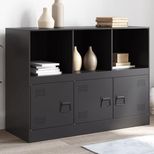 WRJENFSC Buffet industriel noir 99 x 39 x 73 cm en acier laminé à froid, charge 90 kg, 3 portes et poignées en métal, meuble bas peu encombrant pour salon, couloir, bureau