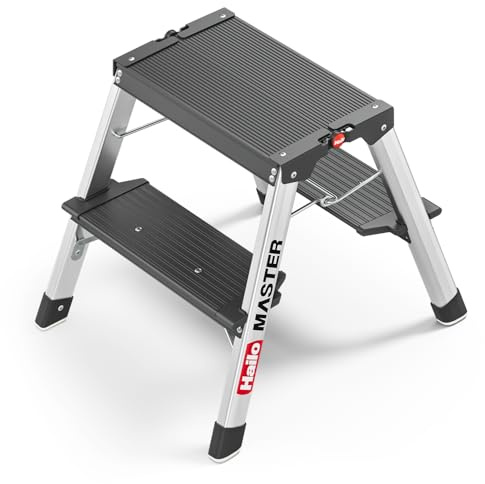 Hailo Master D70 Alu-Trittleiter 2x2 Stufen, EN 14183, bis 150 kg, Silber | Beidseitig begehbare Klappleiter, rutschhemmende Stufen, gummierte Füße, kompakt