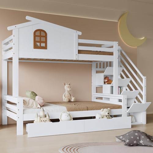 SACOOL Letto a castello per bambini, 90 x 200 cm e 120 x 200 cm, due cassetti con ruote, squisita finestra angolare, stabile rete a doghe di pino + MDF + compensato bianco + naturale