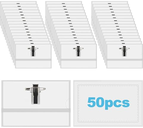 Oaioya 50 Pck Fundas para Tarjetas de Identificación 90x56 mm, Portanombres Transparentes con Inserciones Blancas y Clip Acero Inoxidable, Plástico para Oficina, Escuela, Eventos