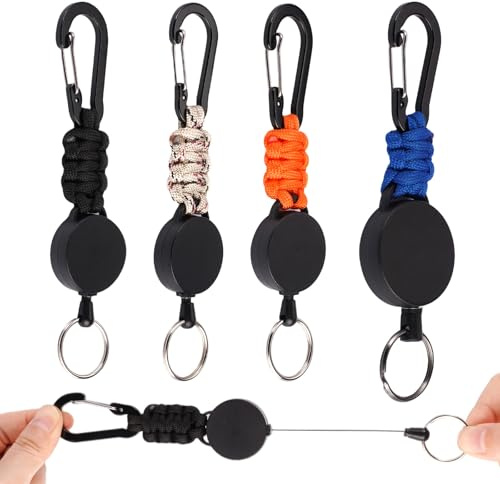 4 stycken infällbara nyckelringar, utdragbara nyckelband med 60 cm ståltrådslinor, utdragbar nyckelring, robust indragbar nyckelrulle, för nycklar, korthållare, ID