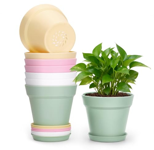 KINGLAKE 10cm Blumentöpfe mit Untersetzer - 8 Stück Pflanztöpfe Klein, übertopf Pflanztopf, Blumentopf Kunststoff Set, Topf Kleine Flower Pot für Pflanzen Kakteen Kräuter-Bunt