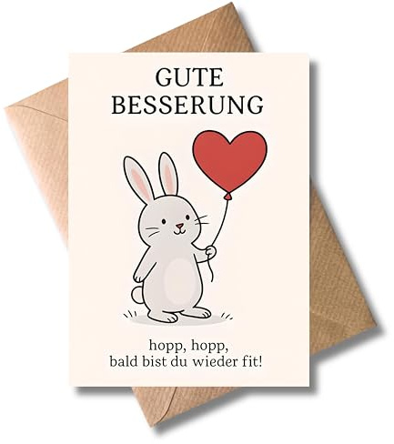 WBdesignz Gute Besserung Karte mit Umschlag - Süße Aufmunterungskarte mit Hasenmotiv und Herzballon - liebevolle Genesungskarte für Krankenbesuche, Kollegen, Freunde & Familie (DIN A6)