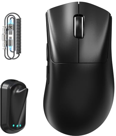 ATTACK SHARK V8 Mouse da Gioco Wireless con Cavo a Spirale LED, Nordic 54L15 Chip, PAW3950MAX, 42000DPI, Dual 8000Hz, 59g Ultraleggero, Design Dongle Pinna di Squalo, 2.4Ghz/BT/Cablato per PC, Nero