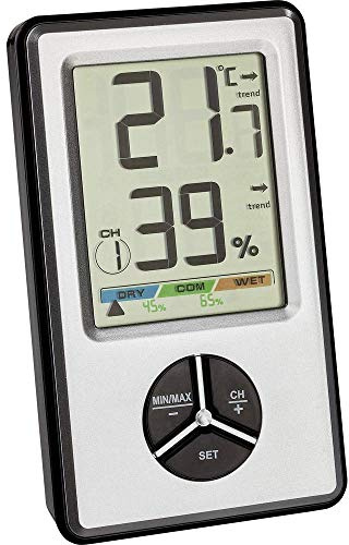 TFA Dostmann Digitales Thermo-Hygrometer, 30.5045.54, zur Raumklimakontrolle, als Sender verwendbar, Max Min Funktion, (L) 64 x (B) 18 (40) x (H) 109 mm, Silber-schwarz