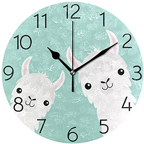 susiyo Animal Cute Llama Alpaca Wall Clock Silent Round Wall Clock Non Ticking Battery Operated Creative Decorative Clock for Kids Living Room Bedroom Office Kitchen Home Decor