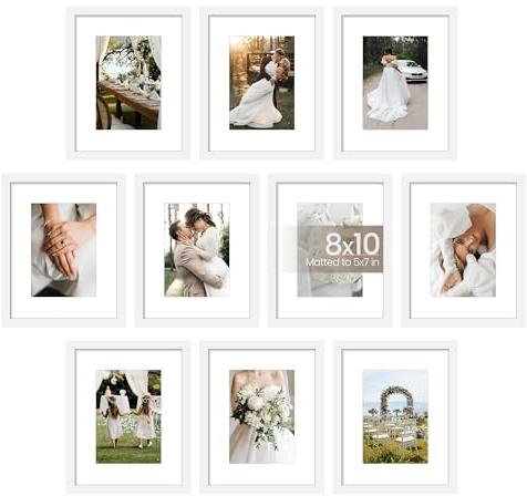 upsimples 8x10 Picture Frame Set of 10, Display Pictures 5x7 with Mat or 8x10 Without, Multi Photo Frames Collage for Wall or Tabletop Display, White