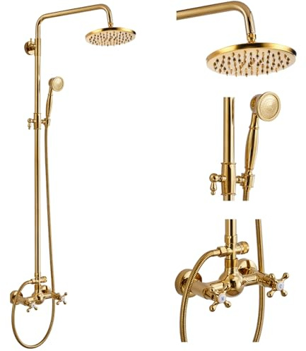 gotonovo Freiliegendes Badezimmer-Duscharmatur-Set, Duscharmatur, 20,3 cm, Regenduschkopf, Handbrause, Kreuzgriff, Wandhalterung, 2 Funktionen, poliertes Gold