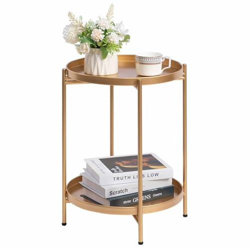 HollyHOME 2-Tier Round Gold Side Table, Outdoor Small Folding Accent Stand with Removable Tray, Anti-Rust Metal Asional Table for Balcony Patio Living Room, Nightstand for Bedroom(Gold)