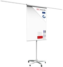 ALLboards Flipchart 100x70cm, mit Seitenarmen, Mobil, auf Rollen, Whiteboard Magnettafel Magnetisch, Trocken Abwischbar