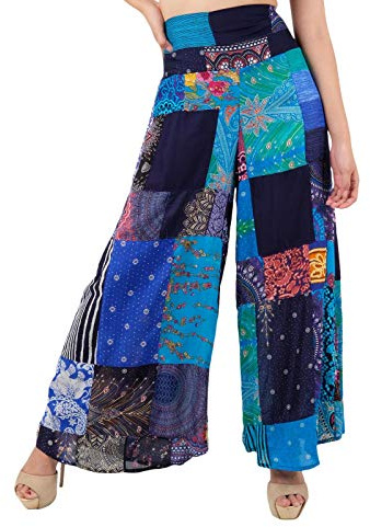 Lofbaz Pantalones Palazzo de Pierna Ancha con retales para Mujer Pantalones Holgados para salón de Yoga Hippie Harem para jóvenes Patchwork Azul XL