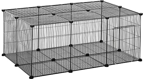 Pawhut Gabbia per Conigli e Piccoli Animali, 22 Pannelli Modulabili in Metallo con Porta, Nero, 105 x 70 x 45cm