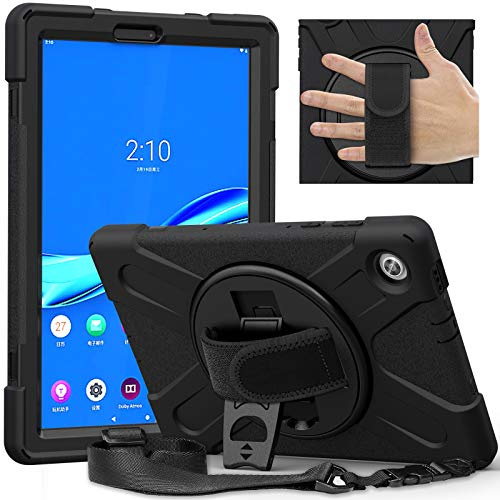 Gerutek Hülle Lenovo Tab M10 FHD Plus (2. Gen) 10,3 Zoll, Schwarz | Stoßfeste Hülle mit 360° Drehbar Stände/Handschlaufe, Schultergurt Stifthalter, Rundumschutz Case für Arbeit/Outdoor/Drinnen