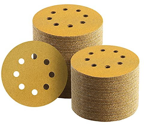 Keeimp 100 Pcs 5 Inch Sanding Discs Hook and Loop, 80 Grit Sandpaper for Woodworking or Automotive, 8 Hole Gold Premium Dustless Random Orbit Sandpaper