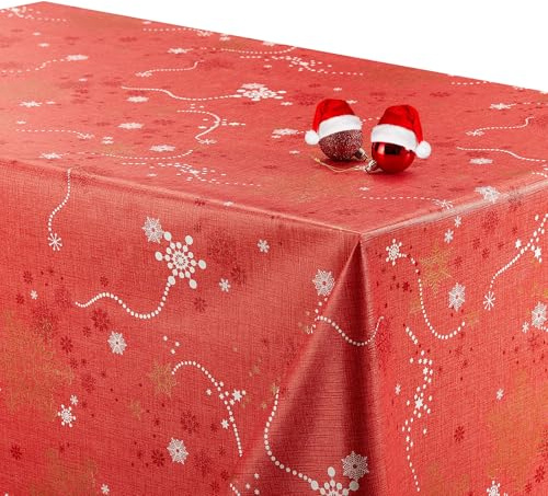 KP HOME Abwischbare PVC Tischdecke Rechteckig 300 x 140 cm, Wasserdichtes Wachstuch, Esstischdecke, Pflegeleicht für Innen/Außenbereich, Rote Weihnachtstischdecke mit Schneeflocken, Goldenen Sternen