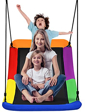 COSTWAY Carpet Tree Swing, Giant Platform Skycurve Nest Swings with Adjustable Hanging Ropes, Kids Saucer Swing Seat for Backyard Garden Playground, 300kg Capacity (Multicolor)